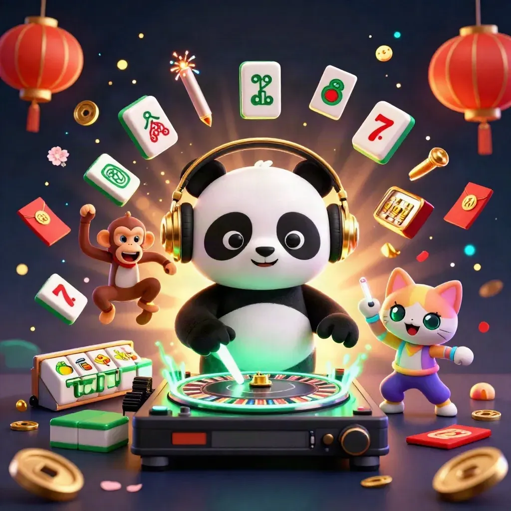 Panda DJ, macaco dançarino e gatinho rave entre símbolos de caça-níquel em luz neon.