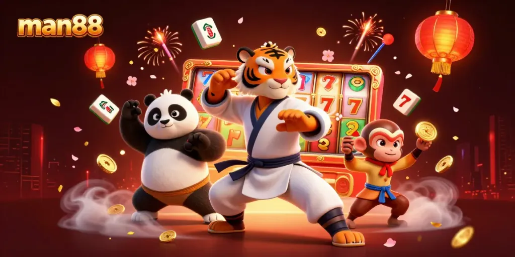 Experience man88's thrilling action with a kung fu tiger mastering casino slots in a vibrant 3D scene.