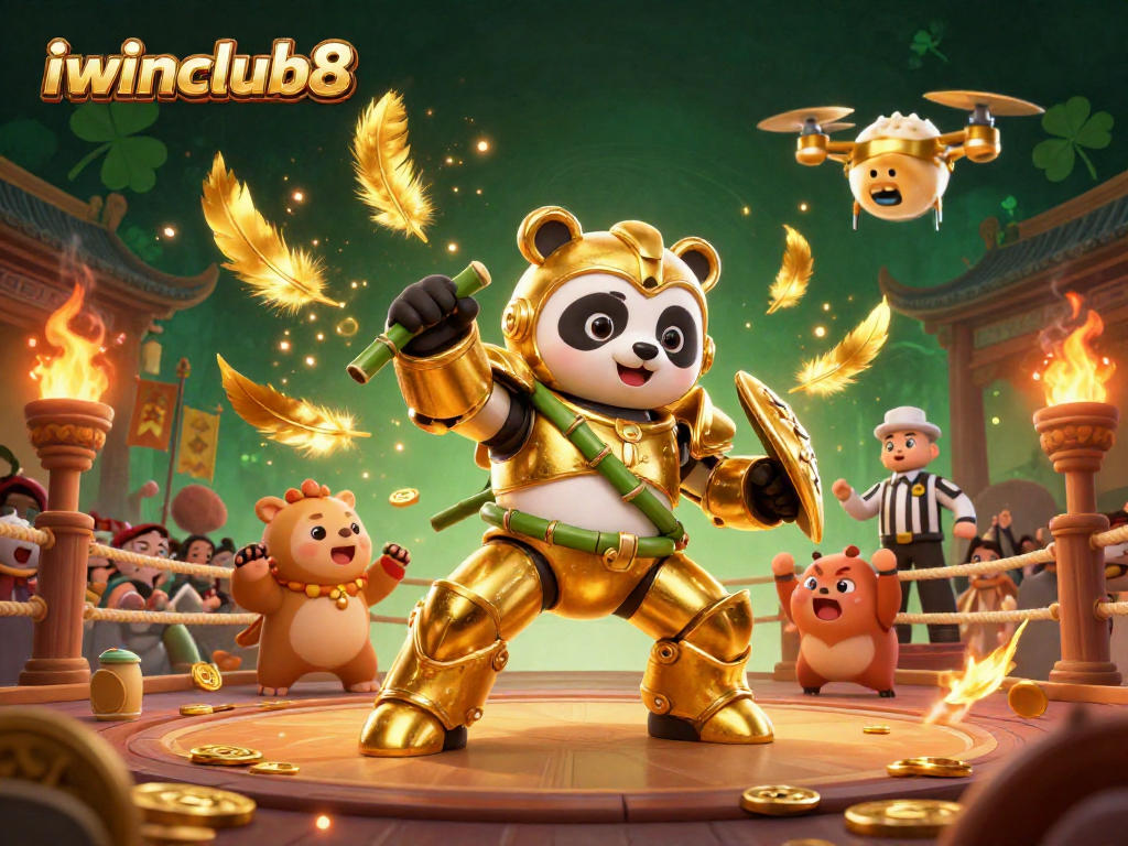 Experience iwinclub8’s exciting combat in a vibrant 3D casino arena with a golden panda and dynamic elements.