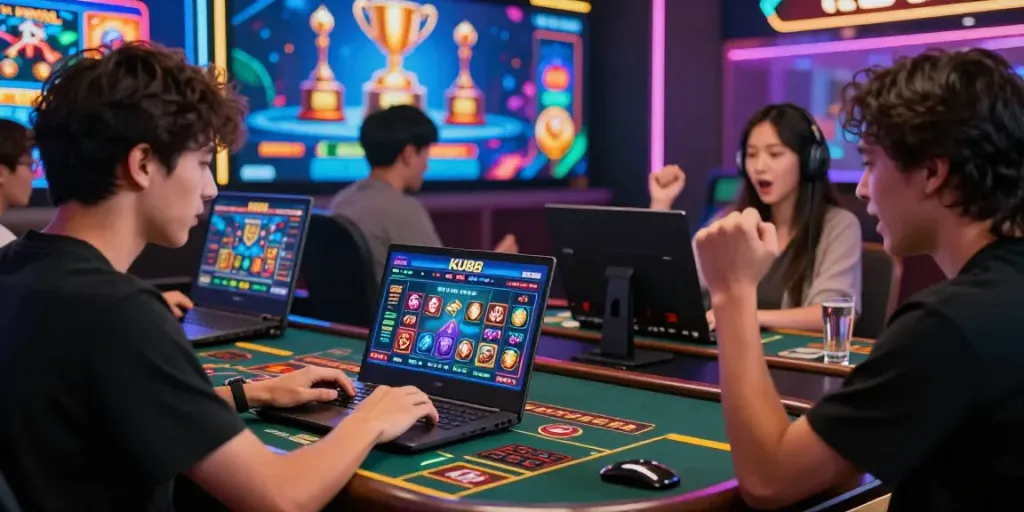 Exciting online gaming experience at https://ku88v1.com/ with players engaging on devices.