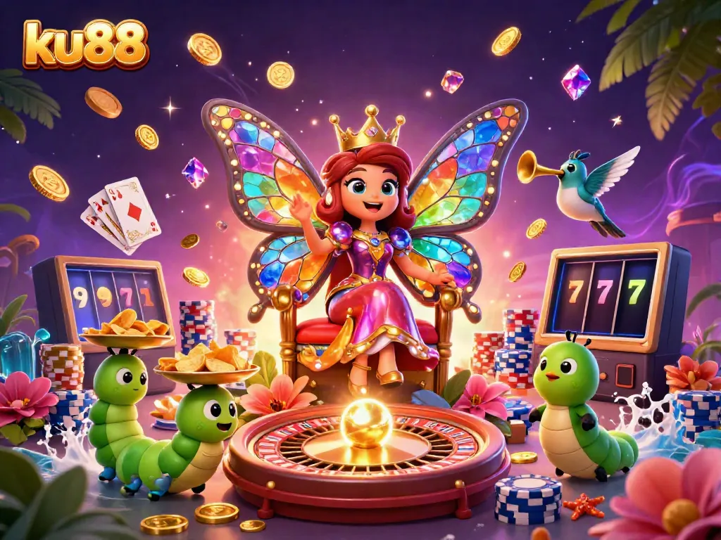 Experience the vibrant world of ku88 with a butterfly queen and exciting casino elements.