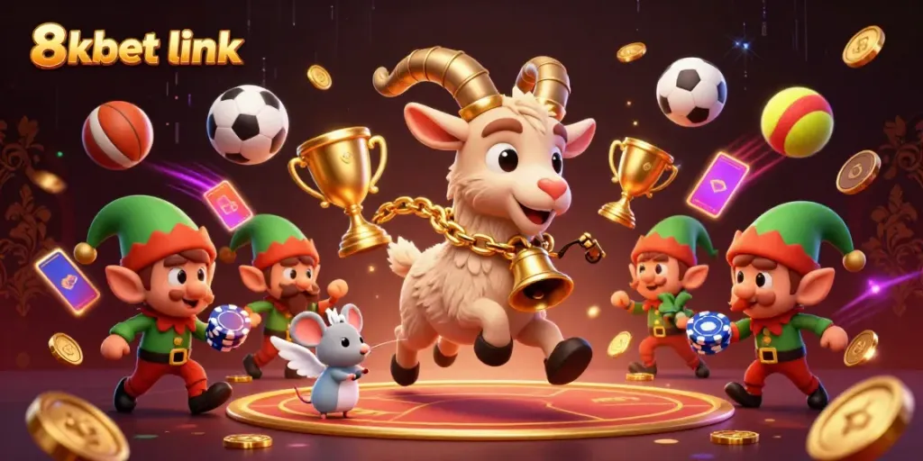 Engage with the games at 8xbet link, featuring festive characters in a vibrant casino scene.