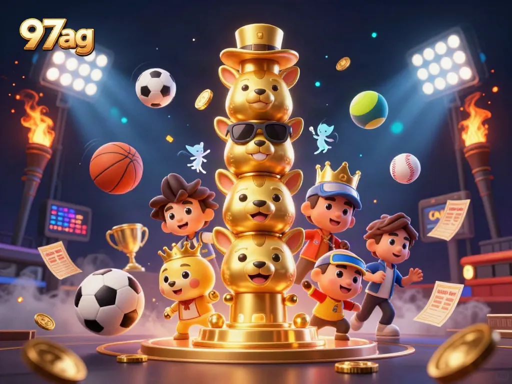 Experience thrilling sports betting with 97ag's dynamic casino elements in a vibrant cartoon illustration.
