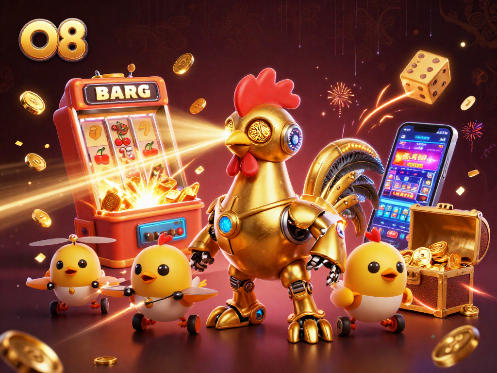 Engage in thrilling gameplay with O8, highlighted by a futuristic rooster robot amidst jackpot excitement.