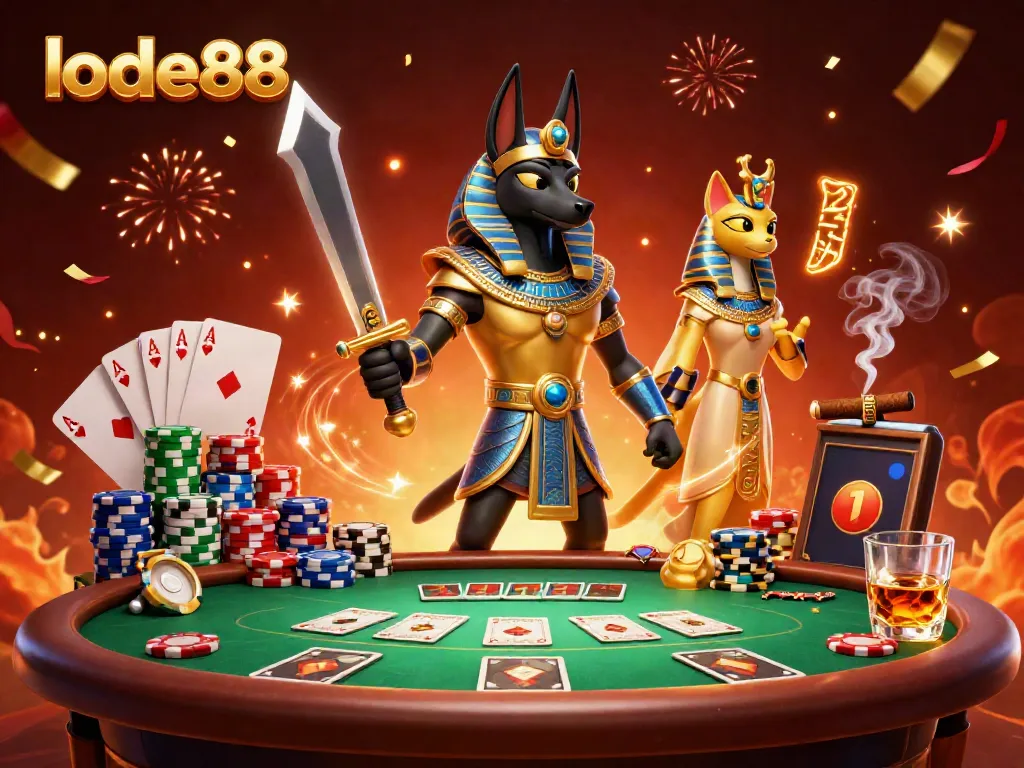 Experience the excitement of lode888 with its dynamic poker scene, featuring Anubis and Bastet.