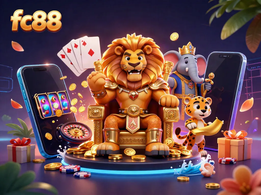 Engage with the thrilling world of fc88's casino games featuring a lion king on a throne surrounded by vibrant gaming elements.