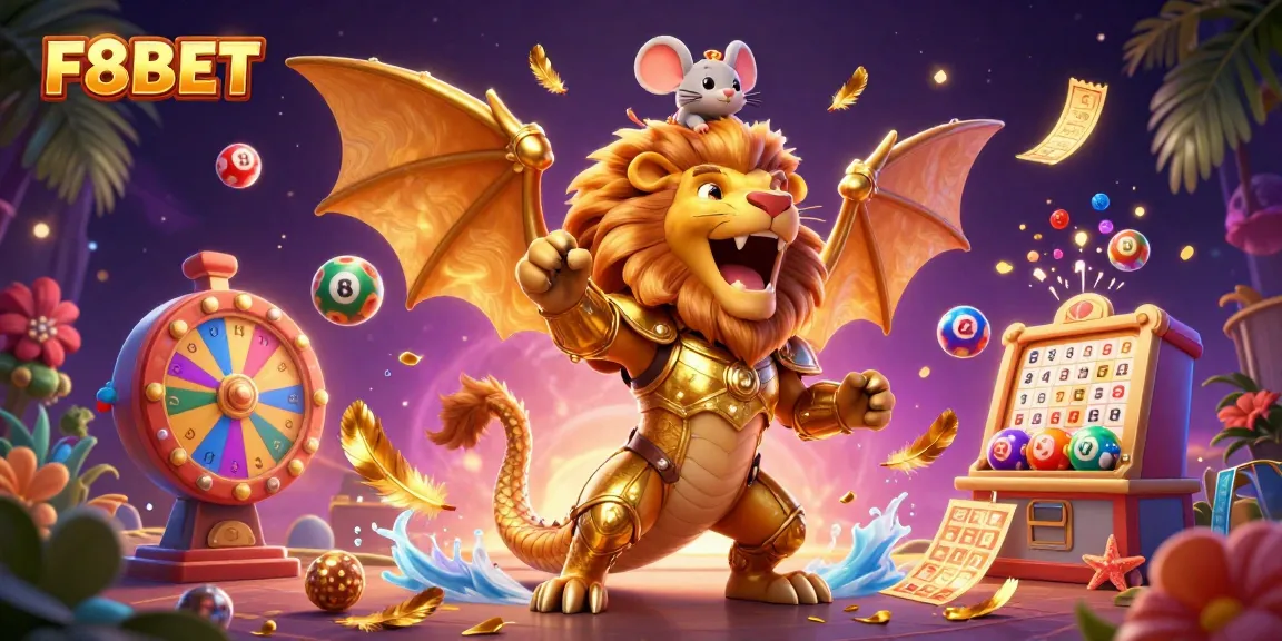 Experience thrilling excitement with F8BET as a fierce chimera creature rears triumphantly in a vibrant 3D casino illustration.
