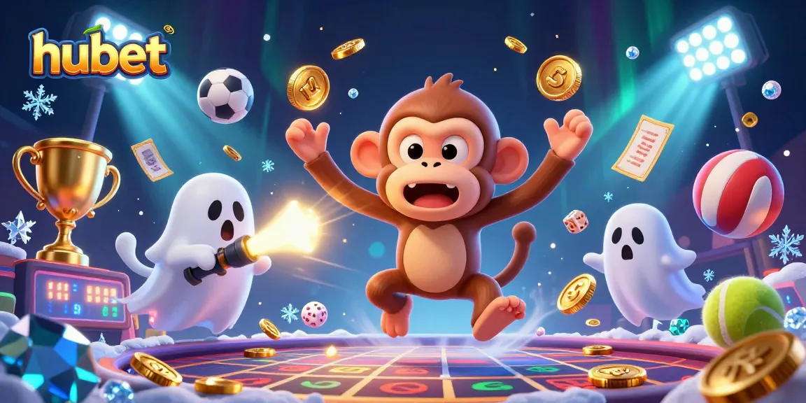 hubet showcases a lively casino scene with a ghost-hunter puppy tracking a mischievous monkey amidst golden coins and dynamic sports elements.