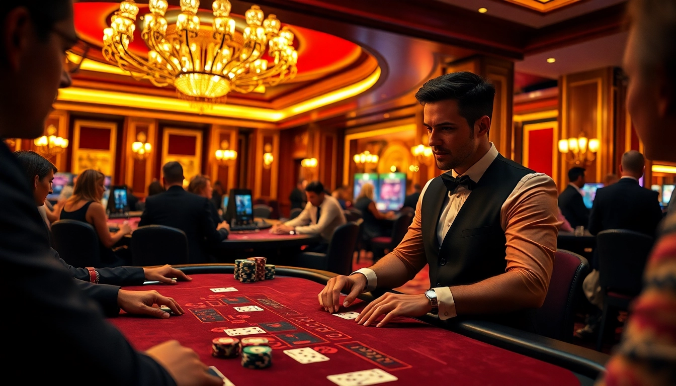 Jouer à un casino fiable en ligne avec un croupier dans une ambiance élégante de casino.