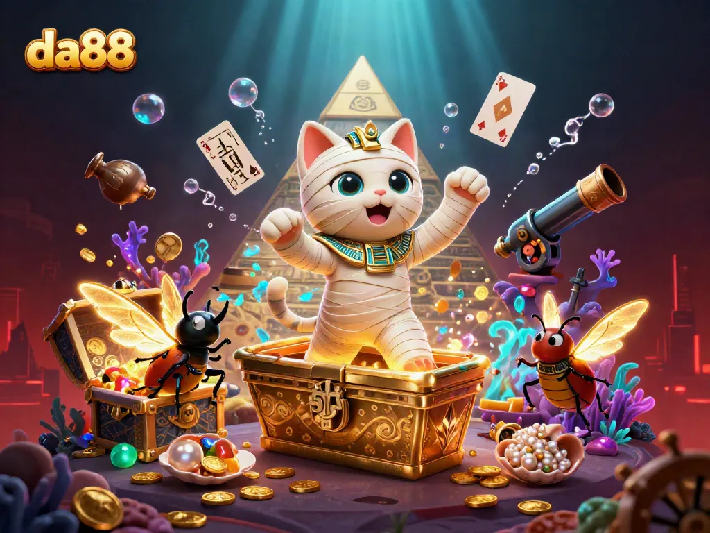 da88 players experience thrilling casino dynamics with a mummy cat and treasures in a captivating illustration