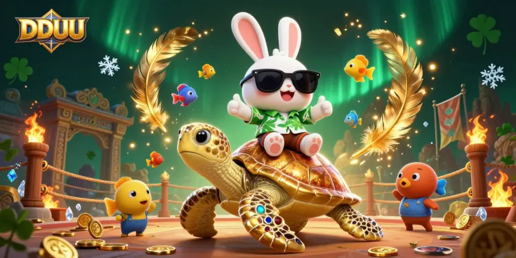 Engage in DDUU gaming with a lucky rabbit and golden sea turtle amidst vibrant casino elements.