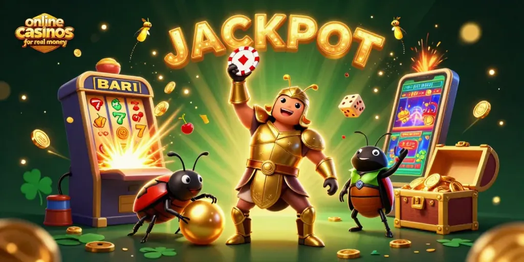 Experience online casinos for real money in an exciting 3D scene with vibrant characters and slot machines.