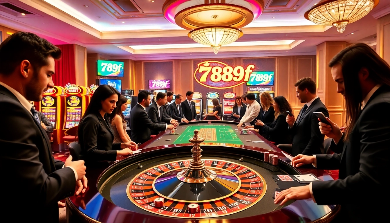 Spirited players enjoying games at a luxury casino featuring 789f branding.