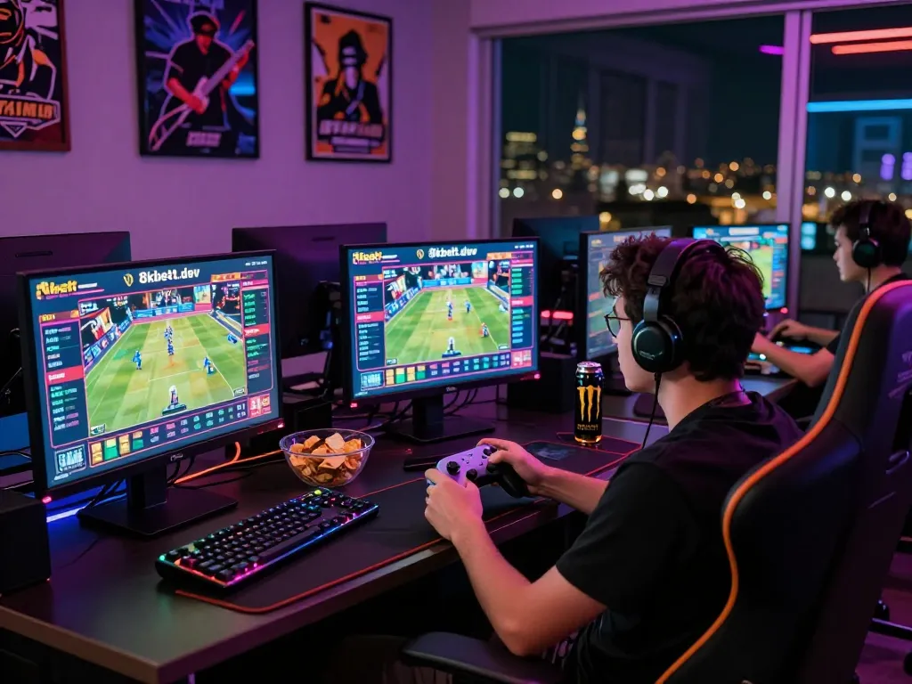Player engaging with 8kbett.dev online gaming platform in a vibrant setup.