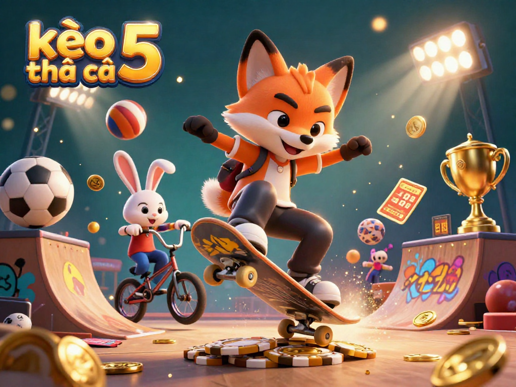 Experience the vibrant action of kèo nhà cái 5 as a fox performs tricks above poker chips, with sports elements surrounding.