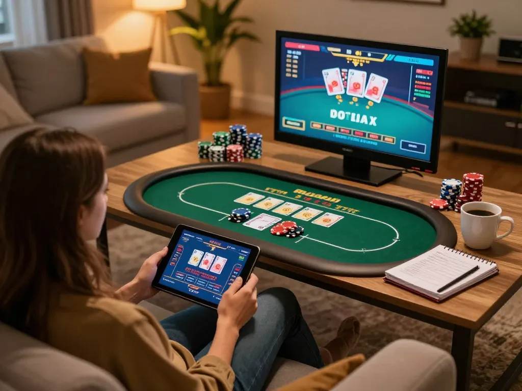 Engaging in online casino gameplay with the 789win link mới, showcasing a dynamic poker interface in a cozy setting.