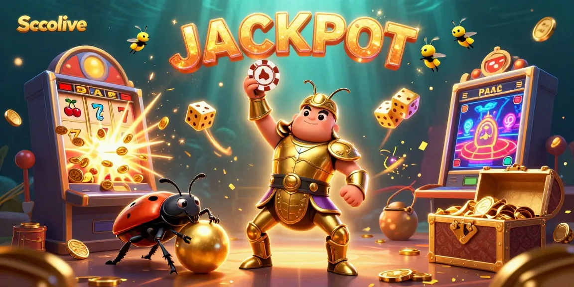 Socolive showcases an exciting jackpot scene with cartoon beetles celebrating a win amidst vibrant casino elements.