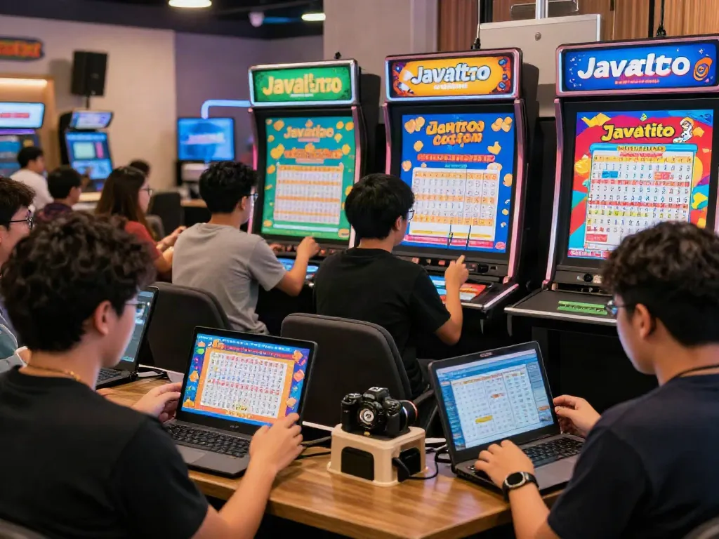 Apostadores animados jogando na plataforma Javatoto, rodeados por gráficos vibrantes e banners promocionais.