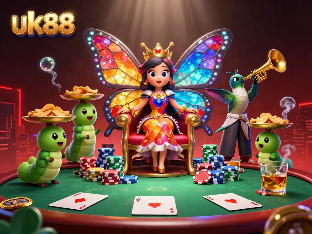 Engage with the vibrant atmosphere of uk88 casino with a butterfly queen amidst poker elements.