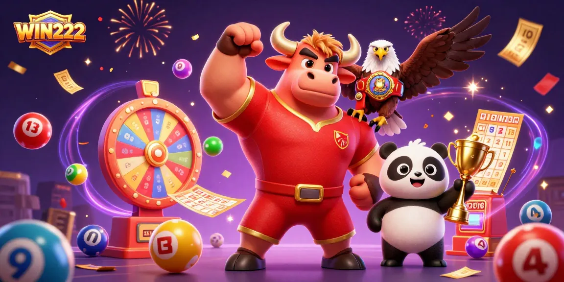 Experience the excitement of WIN222 with colorful elements and lively characters celebrating in a dynamic casino scene.
