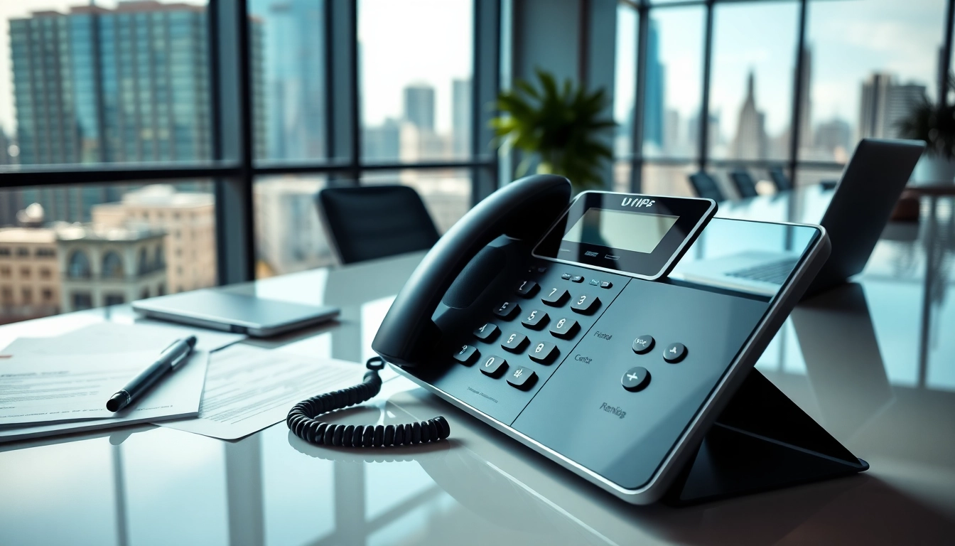 Explore a modern business phone setup with VoIP technology in a sleek office environment.