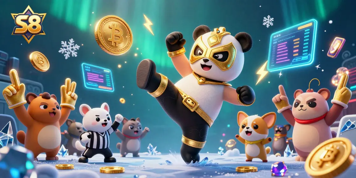 S8 promotes winning bets with a lively scene of a panda wrestler and chihuahua referee amidst casino excitement.