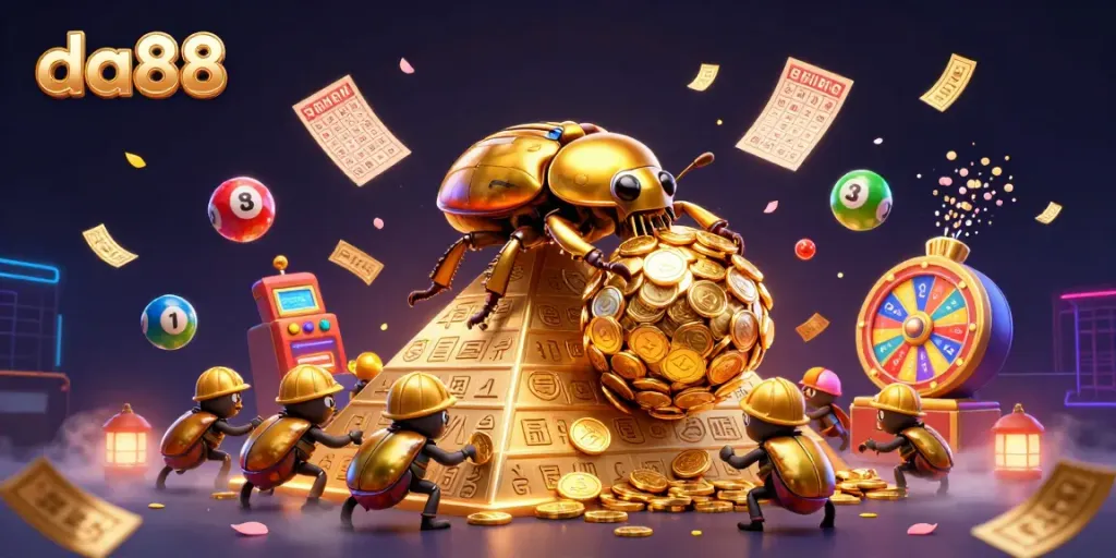 Experience the excitement of da88 with the golden beetle rolling coins and vibrant lottery balls.