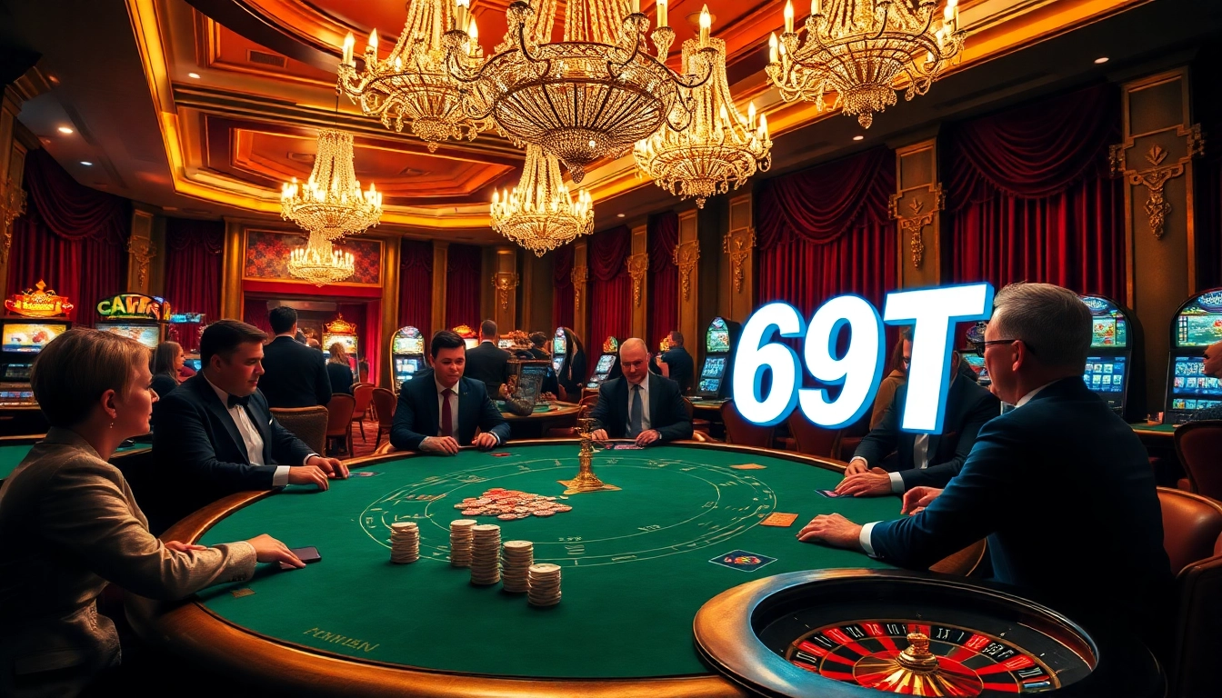 Cena emocionante de cassino com jogadores de pôquer e uma máquina caça-níqueis, com a palavra-chave 69T em destaque.