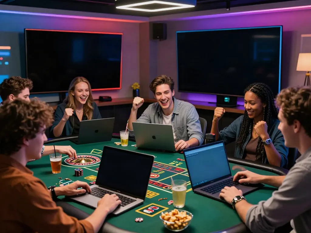 Friends enjoying a ta88 live casino experience together in a vibrant online gambling setting.