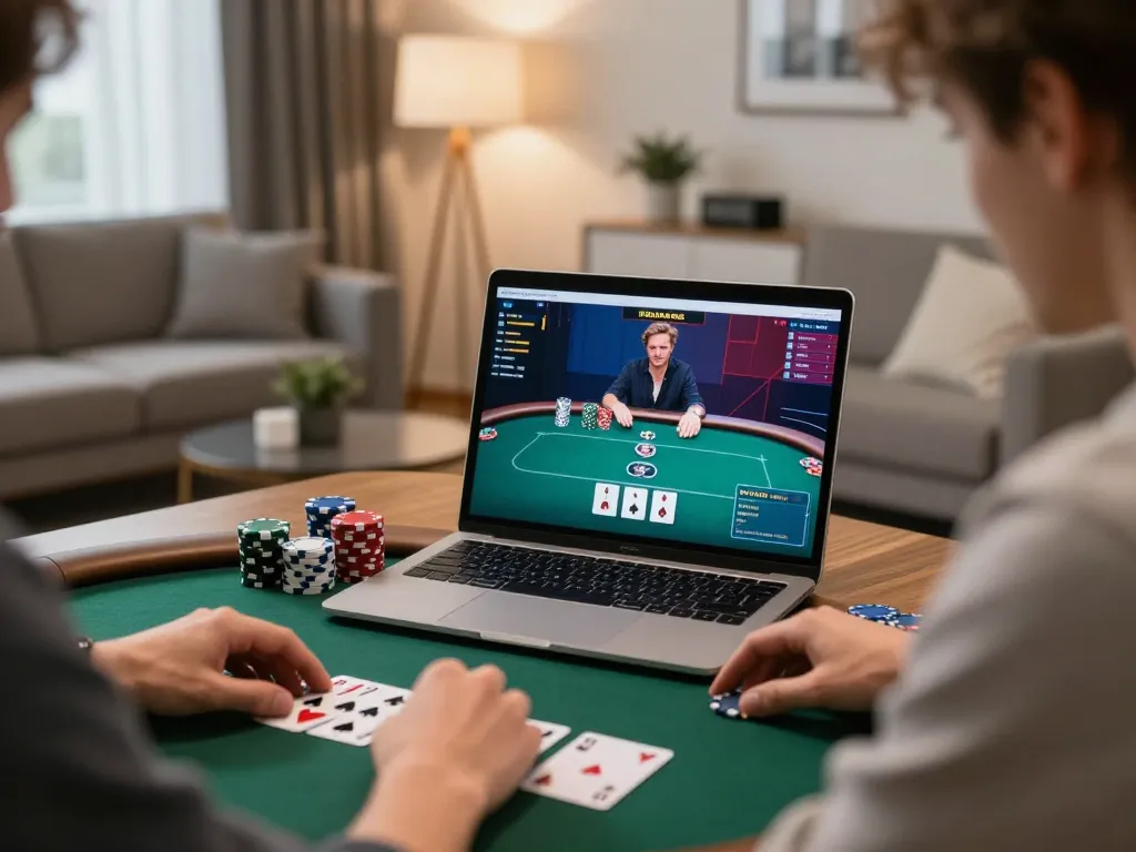 uu88 player strategizing poker in stylish home setup with focused atmosphere