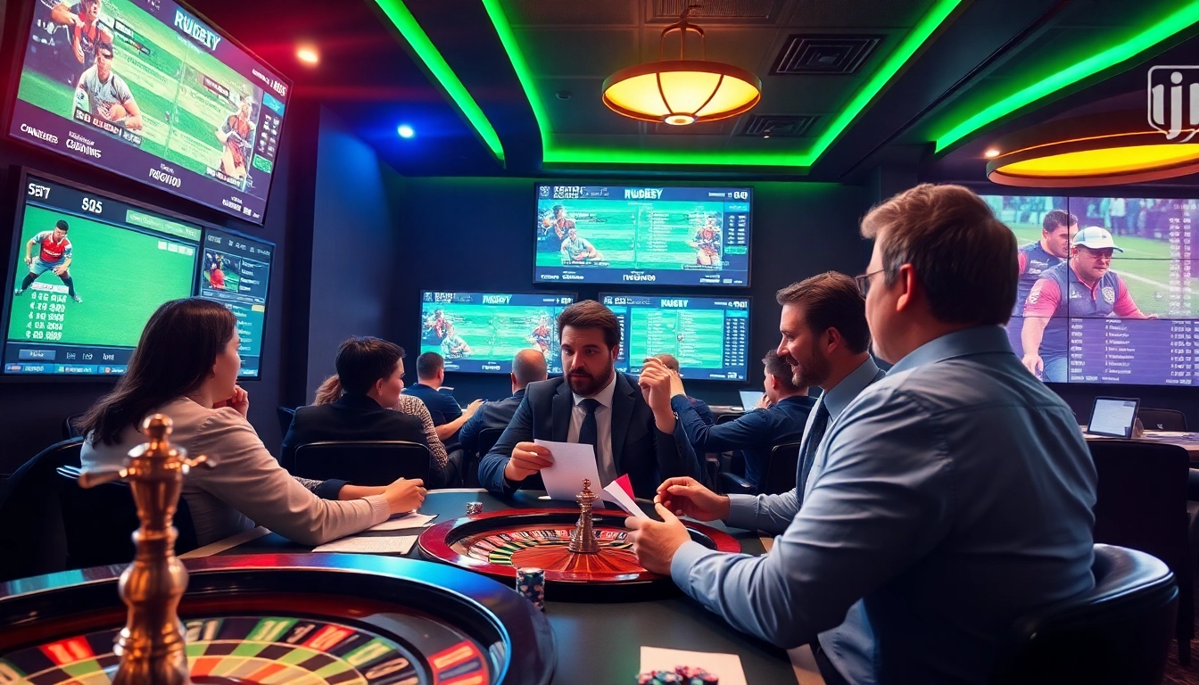 Pari sportif rugby à travers une scène de casino dynamique avec des parieurs analysant les cotes.