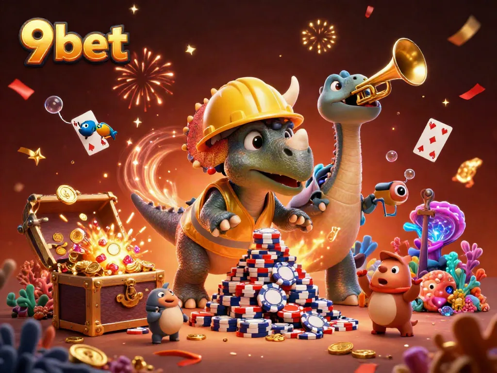 Engage with 9bet's vibrant 3D casino scene featuring dynamic characters celebrating wins.