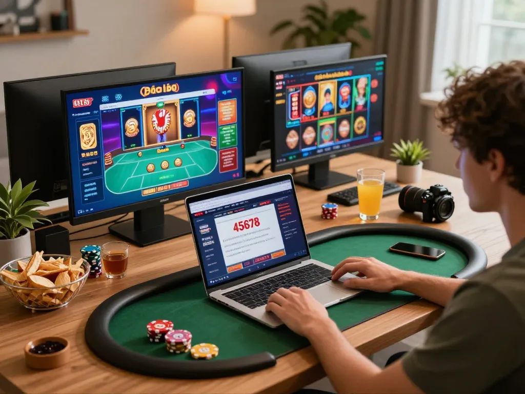 Engaging in online casino gaming with 45678 nhà cái on a laptop during cozy home setup.