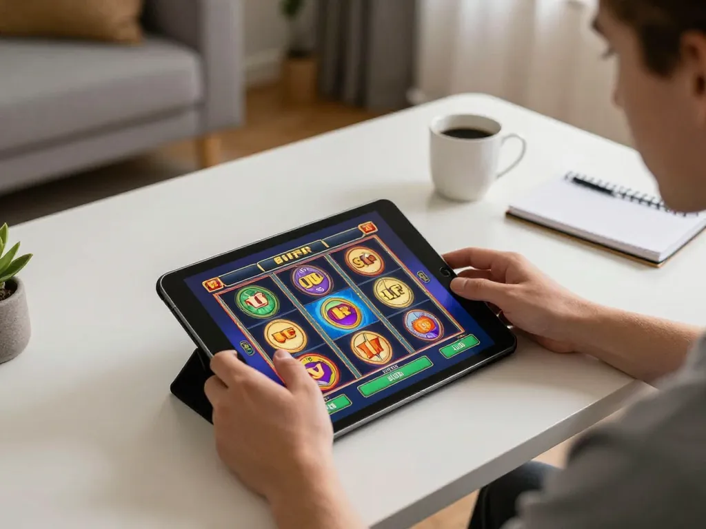 Engaging with 81ff slots on a tablet in a cozy home environment, highlighting strategic online gambling.