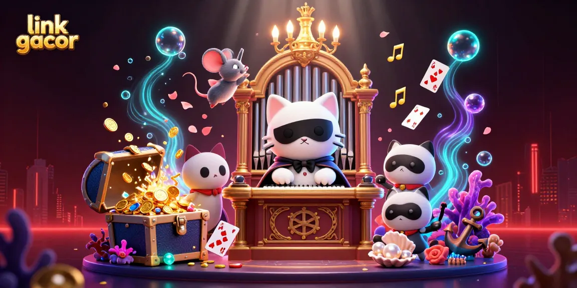 Get ready to spin and win with link gacor, featuring an exciting casino scene with cartoon characters and golden treasures!