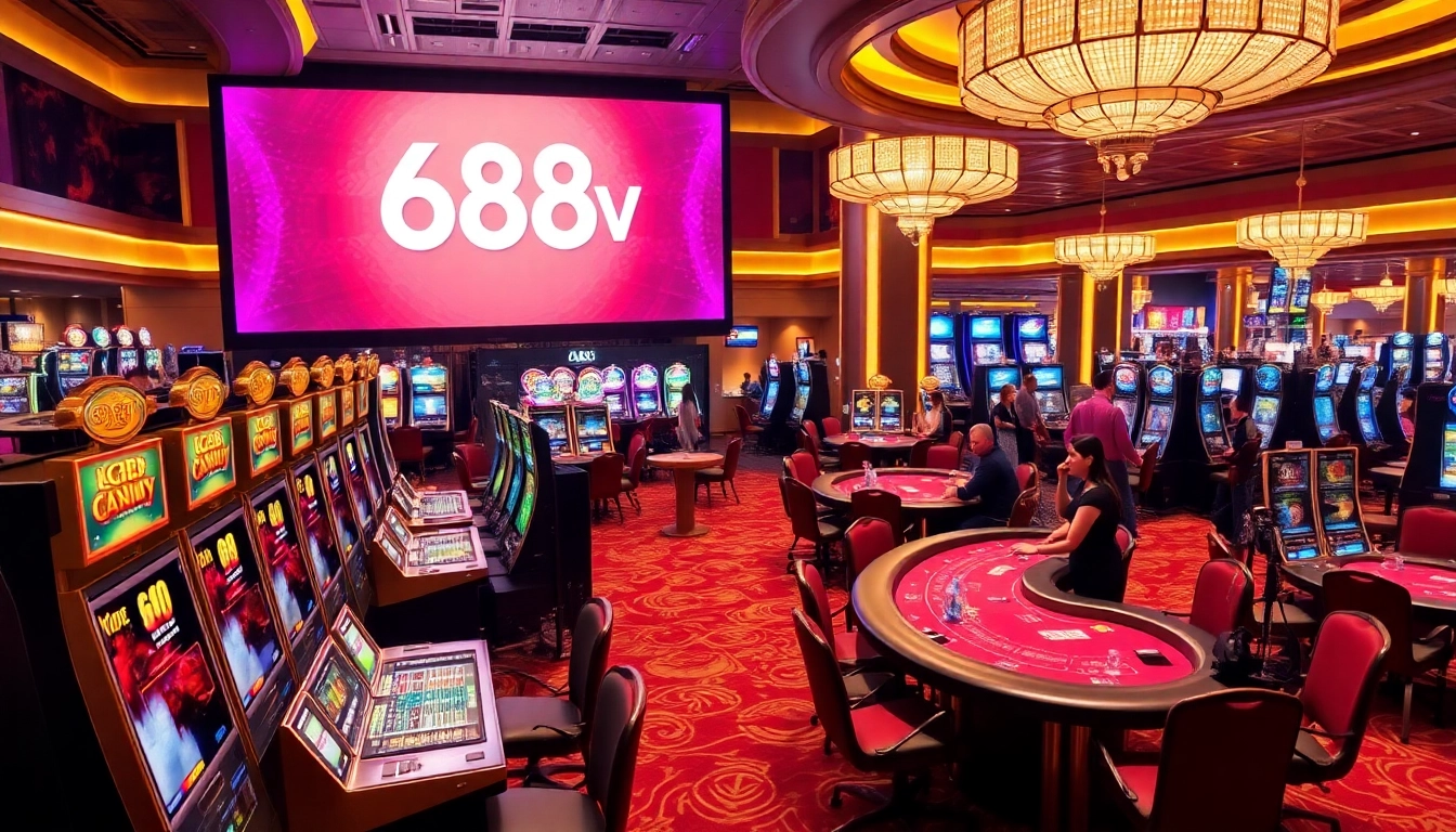 Play exciting casino games at 688v with vibrant tables and slot machines.