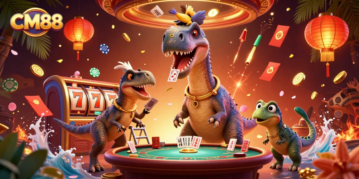 Experience the exciting world of CM88 with a playful dinosaur in a lively casino scene.