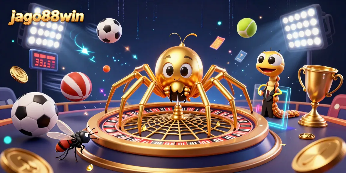 jago88win presents an exciting betting scene with a golden spider and centipede at a roulette wheel