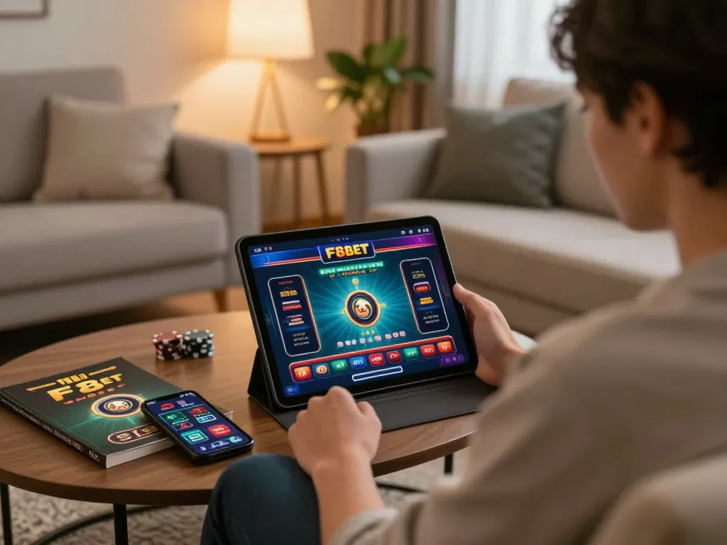 Person playing F8 BET online poker on a tablet in a cozy home setting, promoting responsible gambling practices.