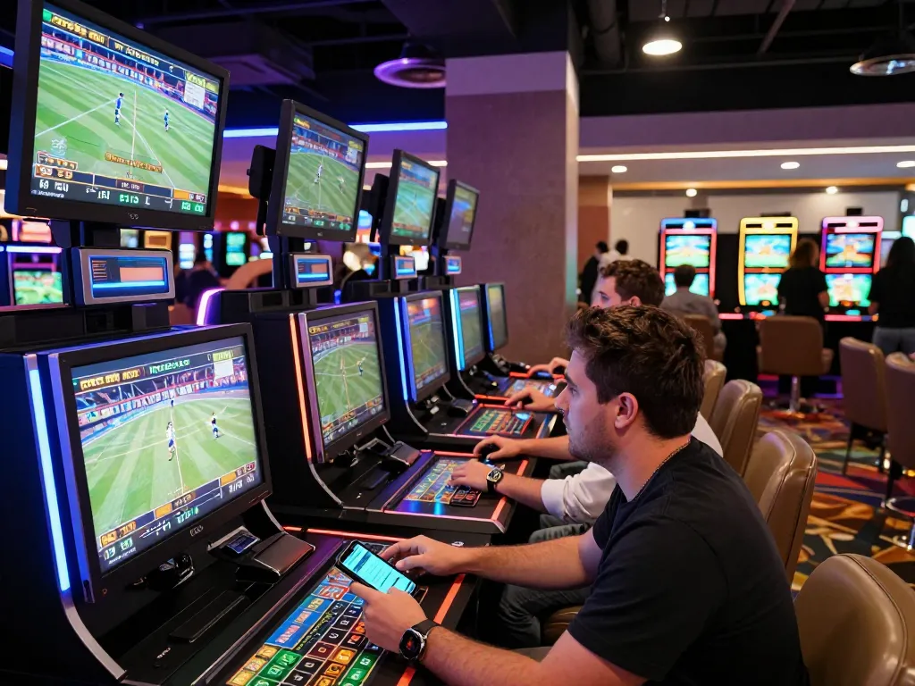 Players engaged in sports betting experience at 75W casino with live screens and mobile apps.