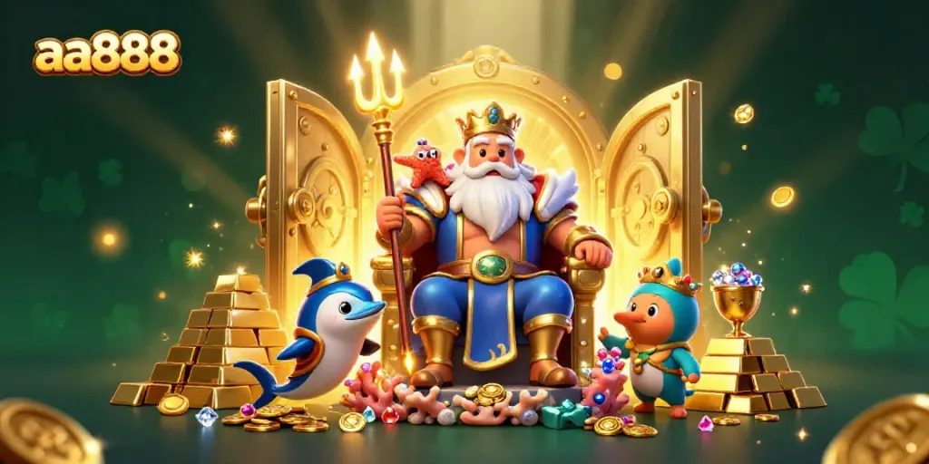 Experience the magic of aa888 with Neptune, samurai, and treasure in 3D Casino illustration.