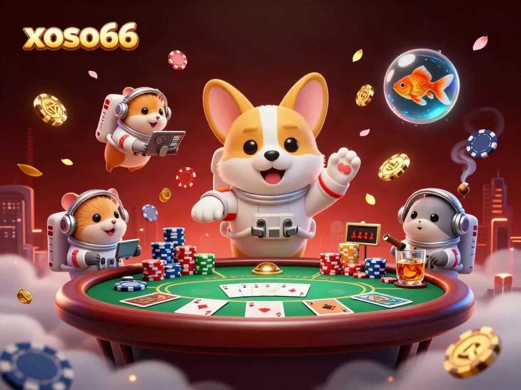 Xoso66 shows an astronaut corgi floating in a space station casino surrounded by poker elements.