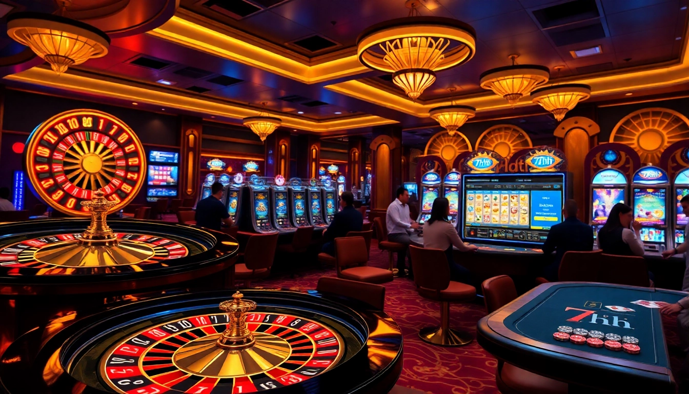 Players enjoying a vibrant gaming experience at 7hh online casino featuring roulette and slots.