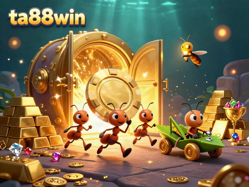 Experience a thrilling heist adventure with ta88win's cartoon team of ants amidst treasures and gleaming jackpots.