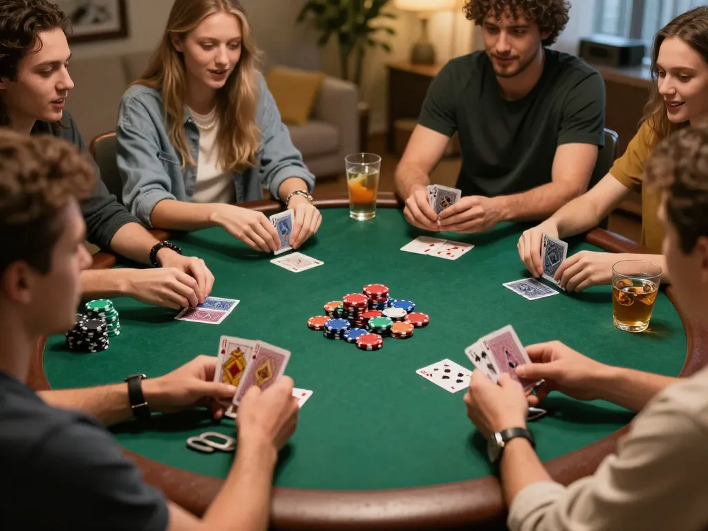 Players enjoying a lively poker game at home, showcasing a friendly atmosphere with oxbet moments of excitement.