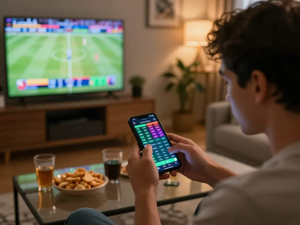 Betting enthusiast engaging with 45678 app on smartphone in sports betting environment