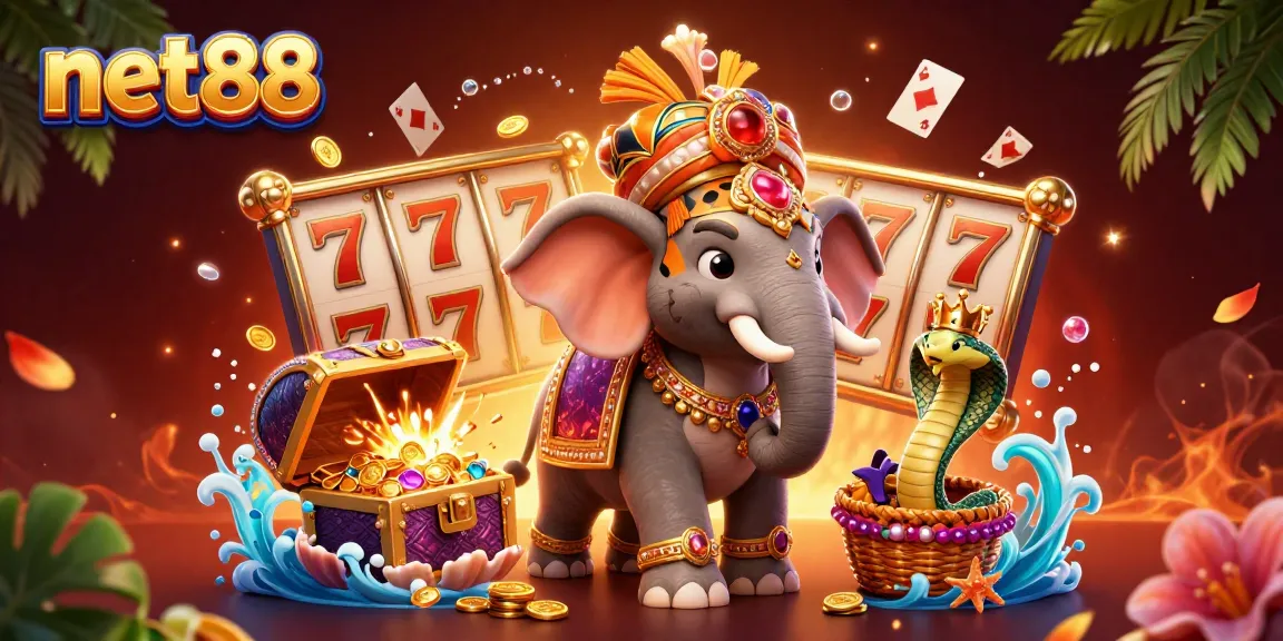 Engage with slots at net88 featuring a vibrant scene with maharaja tiger and golden treasures.