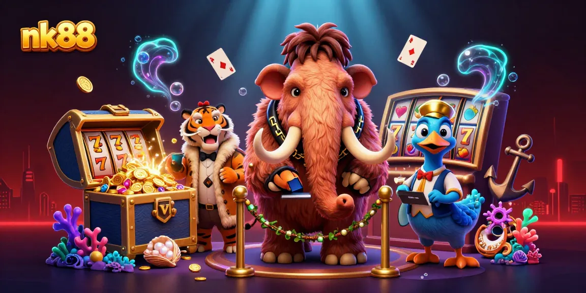 nk88 showcases an immersive casino scene with exciting slot elements and vibrant characters.