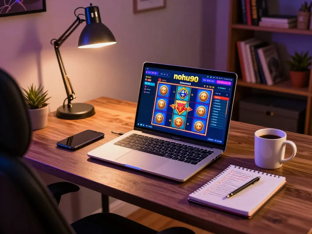 Nohu90 online gaming setup displaying vibrant slot games and betting strategies in a cozy home environment