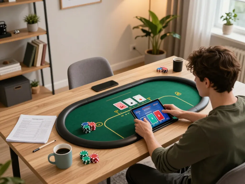 Player enjoying an exciting online poker game on 559X tablet, highlighted by cozy home setup.